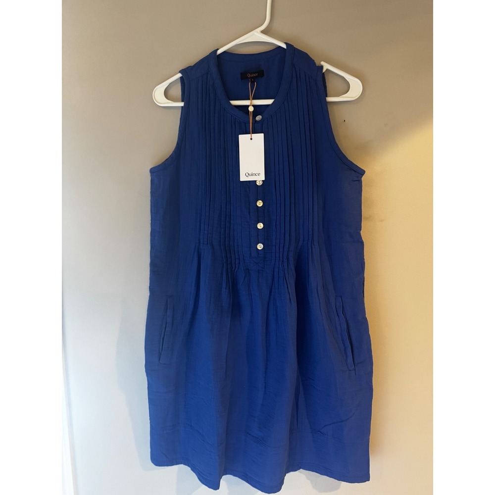 Quince Organic Cotton Gauze Pintuck Sleeveless Shift Dress Royal Blue Small NWT